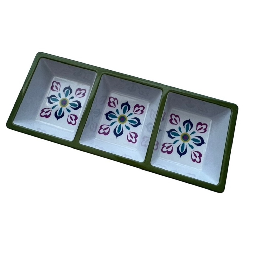 Triple Compartment‎ Appetizer Snack Serving Tray Dish Green Floral Design